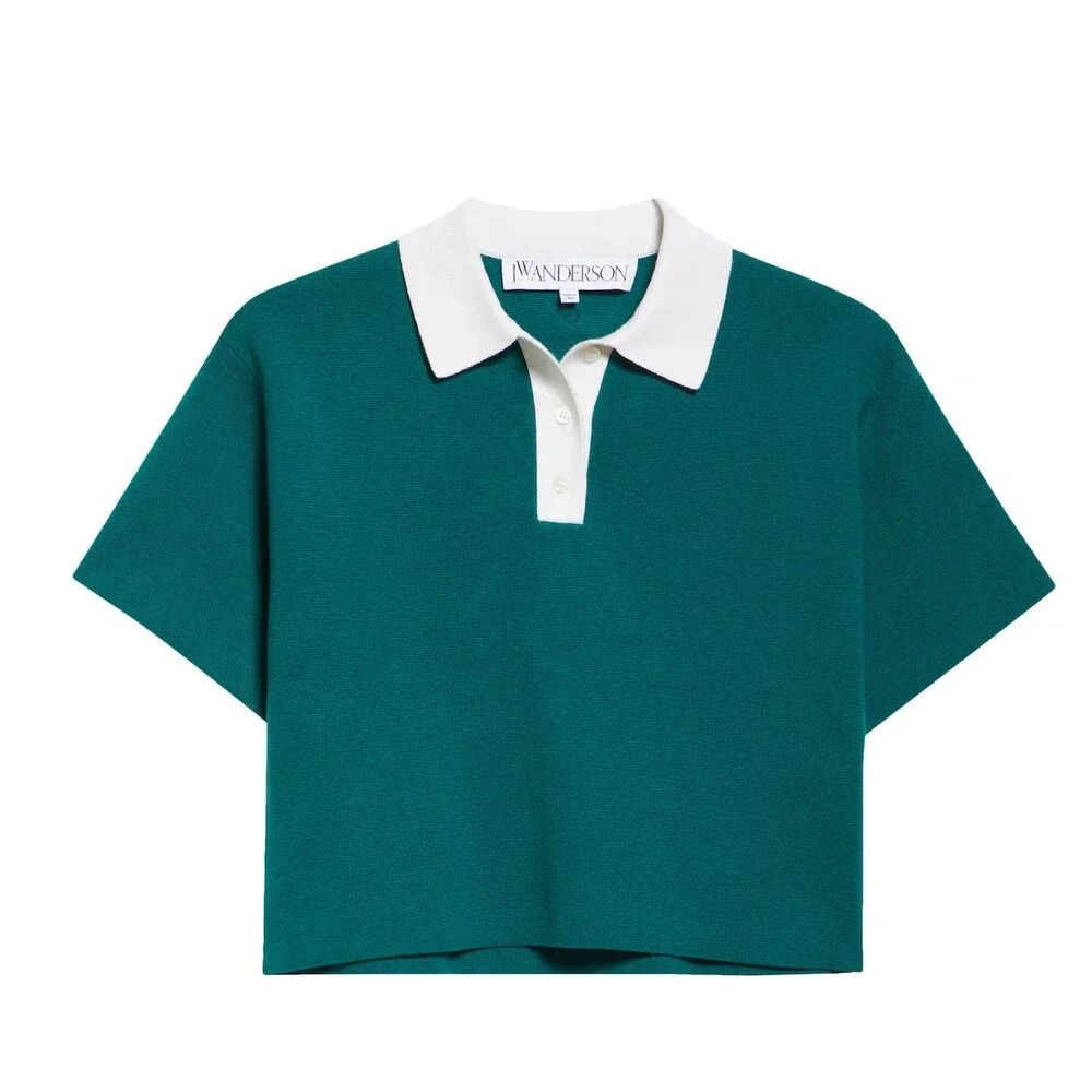 JW Anderson Logo Embroidered Stretch Cotton Crop Polo women size S emerald green